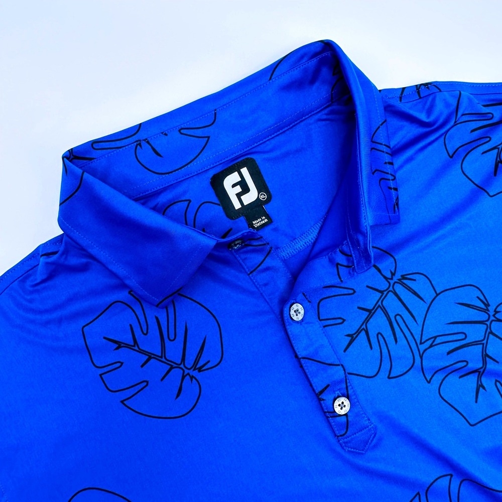 FootJoy Mens XL Blue Monstera Leaf Print ProDry Performance Golf Polo Shirt - Picture 1 of 10